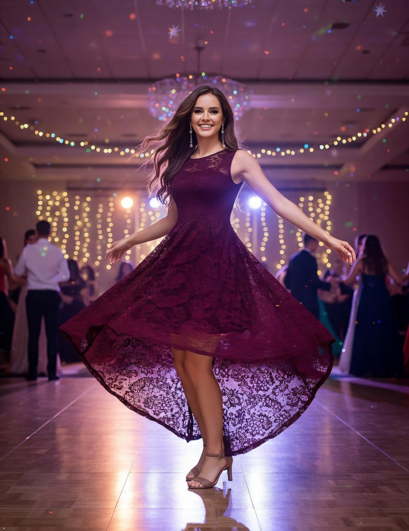 MUADRESS Women's Elegant Floral Lace Dress Sleeveless Crew Neck Hi-Lo Cocktail Prom Dress for Evening Party Burgundy 2XL - Image 3